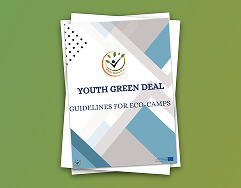 Cover of the 'Youth Green Deal Guidelines for Eco-Camps' publication, featuring a geometric design and eco-friendly imagery